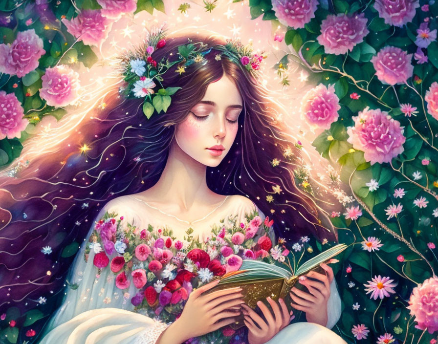 young woman reading a magical book