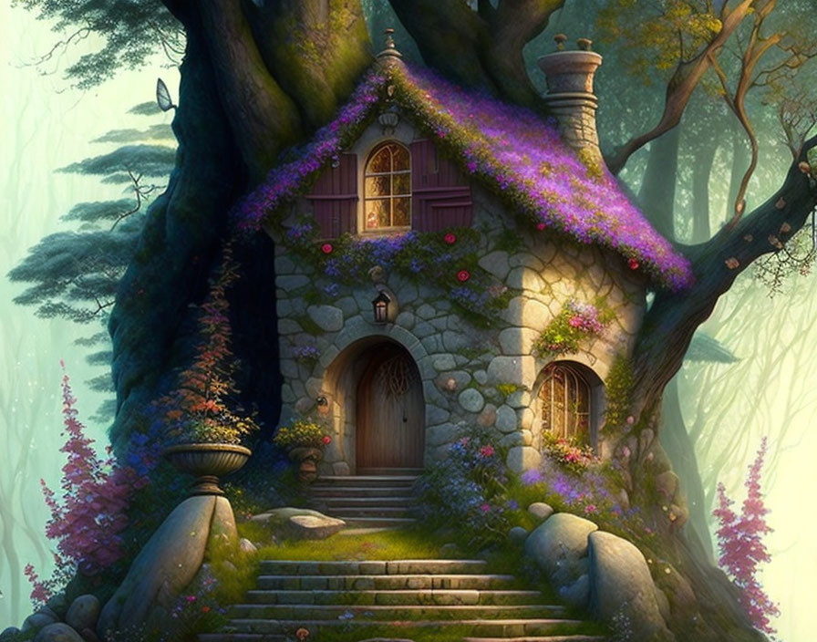 Stone cottage with purple-flowered roof in mystical forest