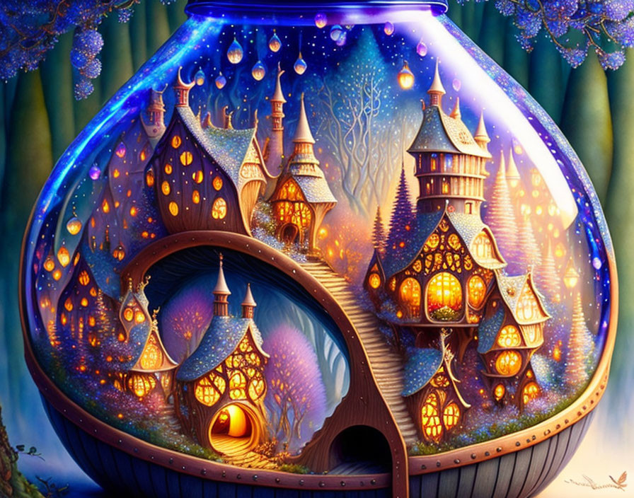 A fairytale forest village inside a transparent ba