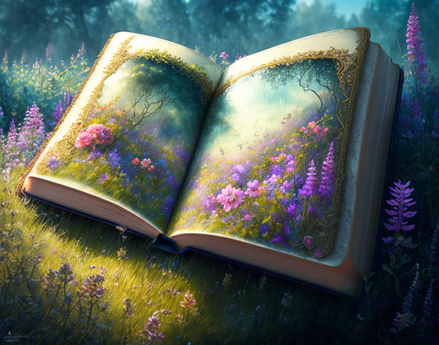 Illustrated open book of lush forest scene among wildflowers