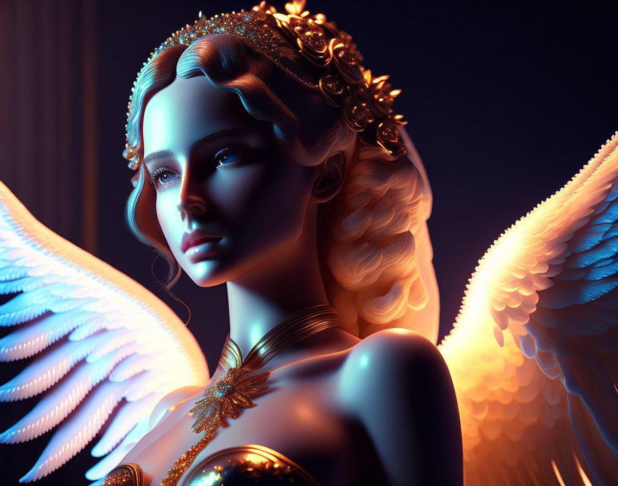 Stylized female angel with golden hair and glowing wings in blue ambiance