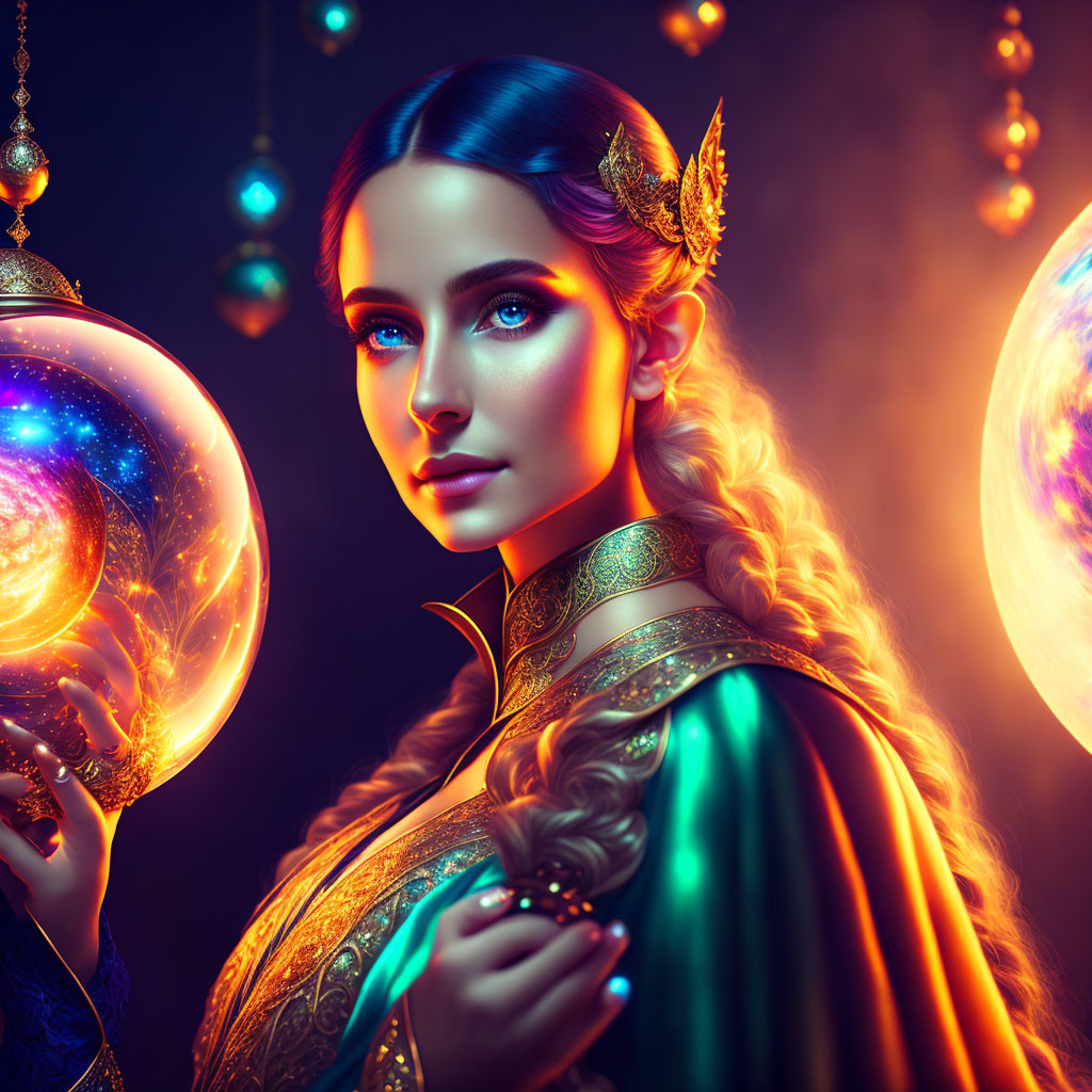 Mystical woman with blue eyes and golden hair accessories holding luminous orbs in teal and gold robe
