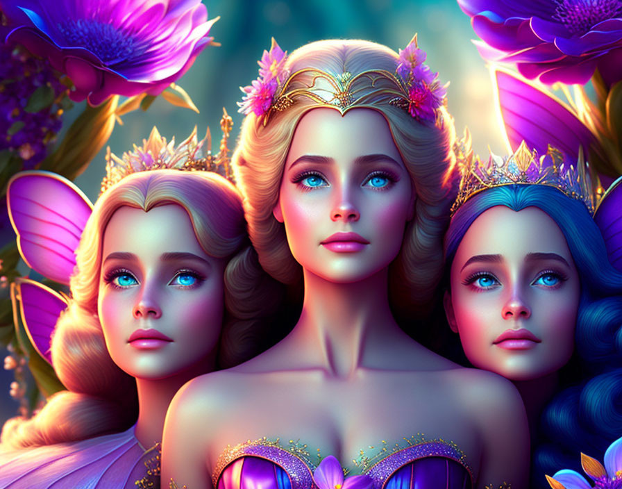 Ethereal female figures with crowns and butterfly wings in vibrant fantasy illustration