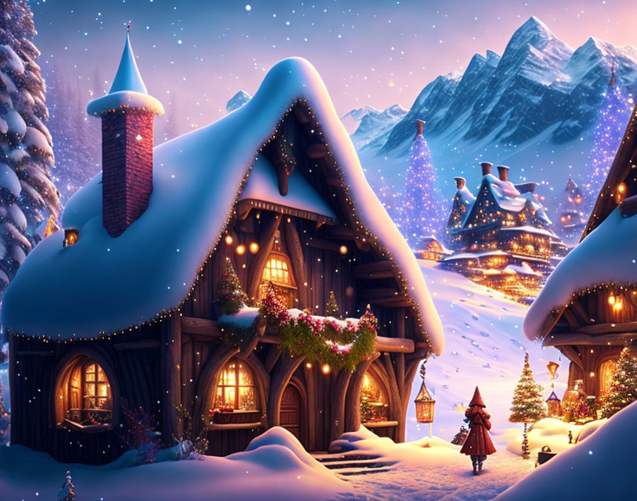 snowy mountain village and magical fairy lights 