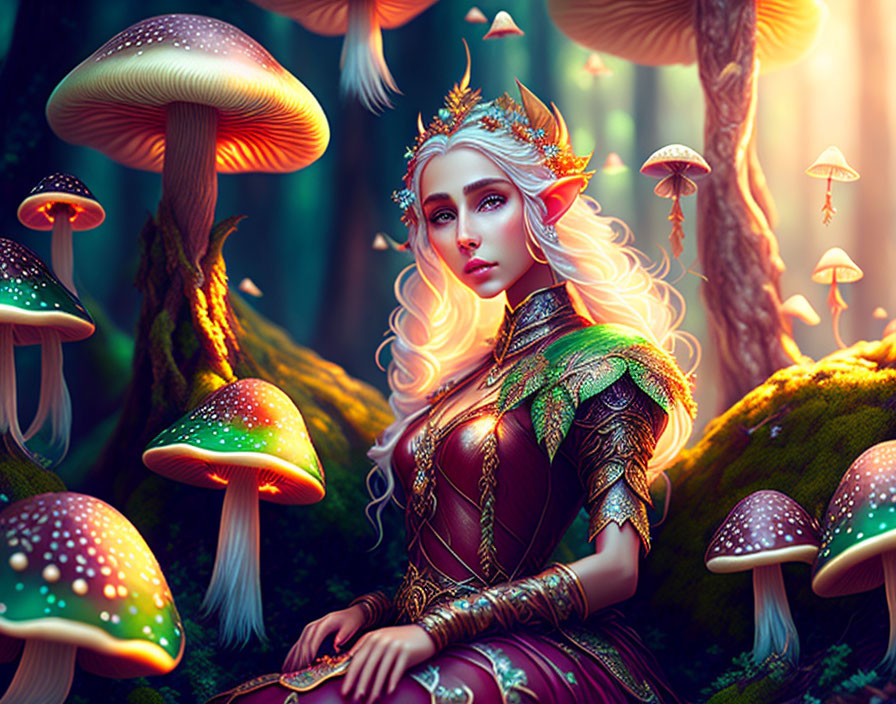 Fantasy Elf Queen in Enchanted Forest with Glowing Mushrooms