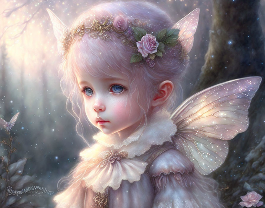 Young fairy with sparkling wings in misty forest setting.