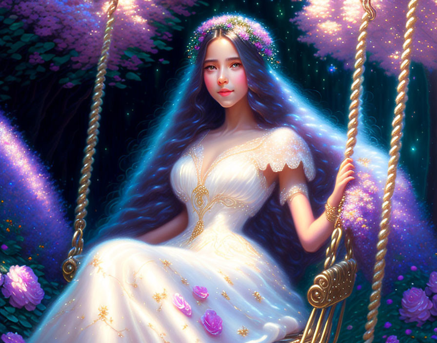 young woman on a swing in a white silk dress full 