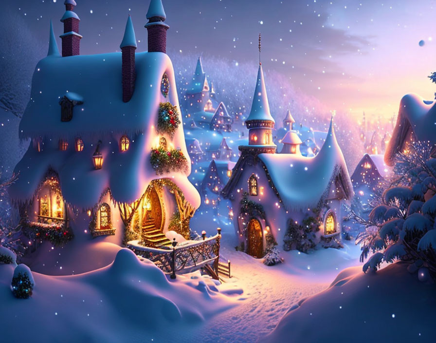 Snow-covered village with twinkling lights and cozy cottages on serene wintry night