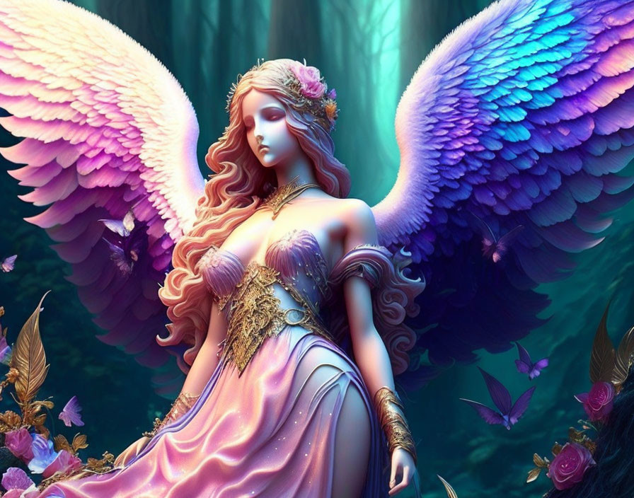 Vibrant digital art: Angelic figure with blue wings in pink gown, emerald forest.