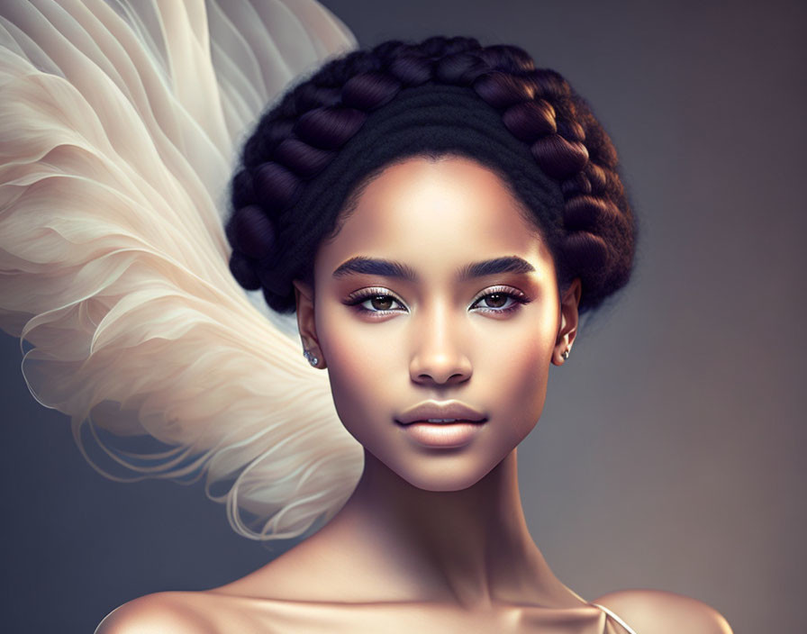 Portrait of woman with elegant braid and white feathered wings