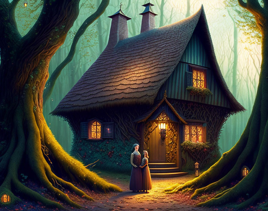  Hansel and Gretel in front of the witch's house