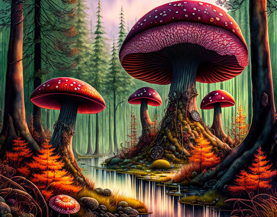 Mushroom city in the autumn forest