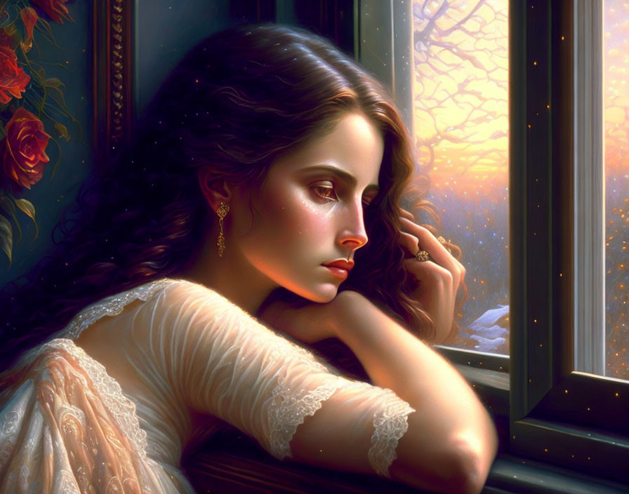 beautiful sad woman at the window