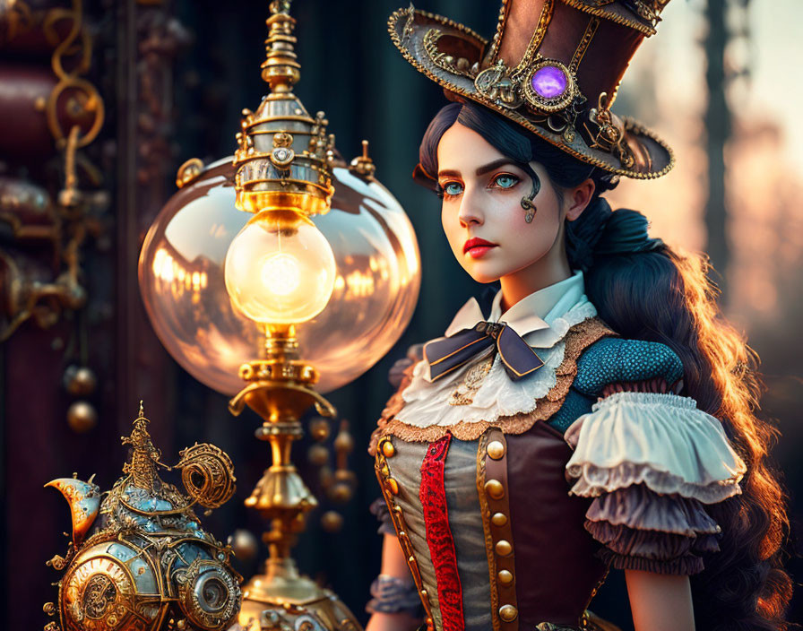Elaborate steampunk attire woman with top hat beside glowing orb lamp
