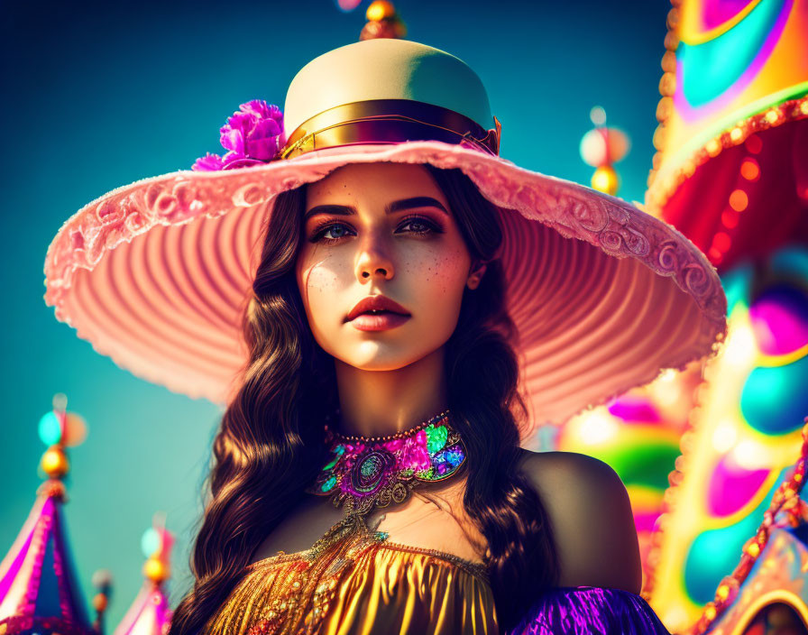 Woman in Large Pink Hat with Vibrant Jewelry at Colorful Fairground