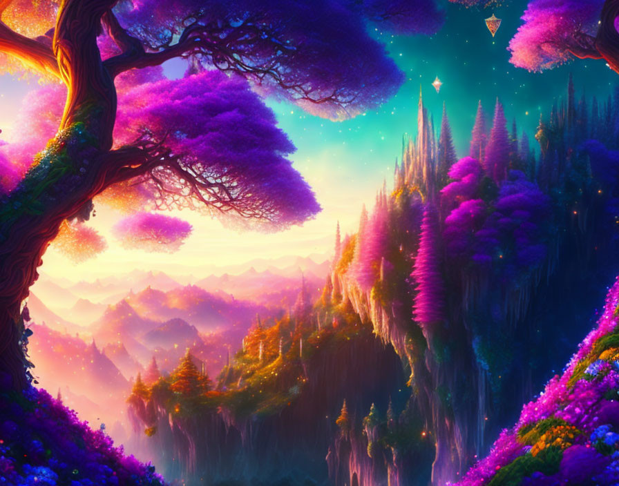 Fantasy landscape with purple foliage, floating islands, and ethereal skies.