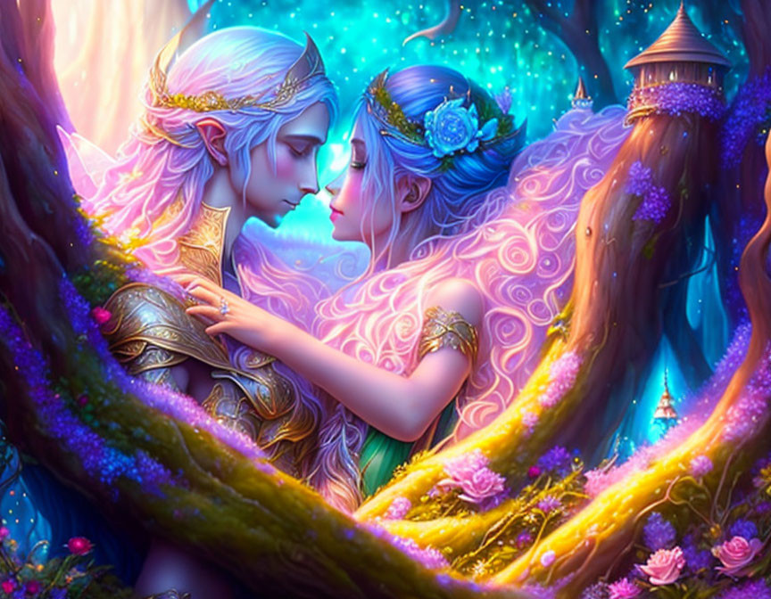 beautiful fairy and elf in full body embrace each 