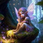 Enchanting fairy with iridescent wings in magical forest