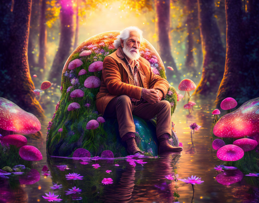 Elderly man with white hair in enchanted forest with moss and mushrooms