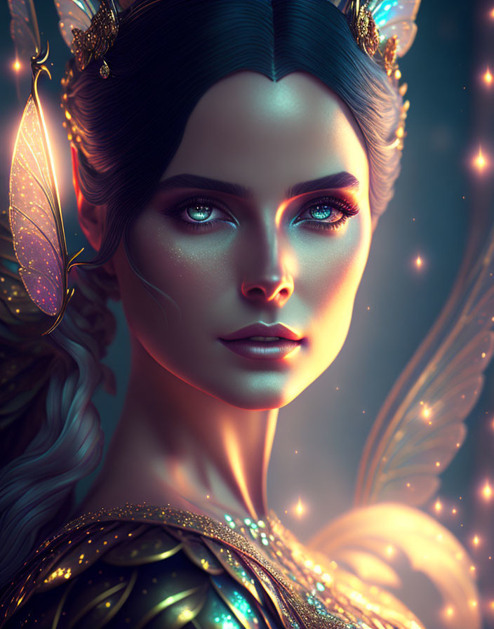 Fantasy female character with blue eyes, golden headpiece, butterfly, and magical aura