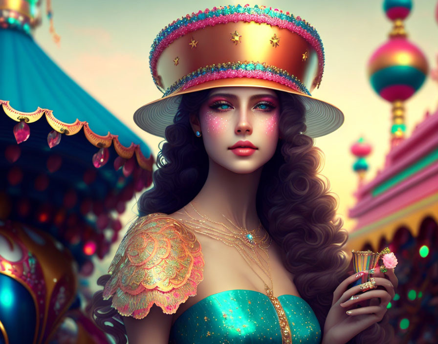 Vibrant carnival costume digital artwork of woman with long wavy hair