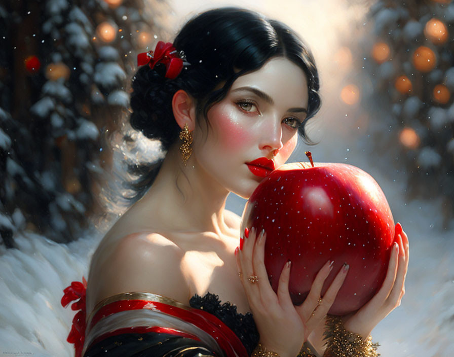 woman with black hair with red apple in hand