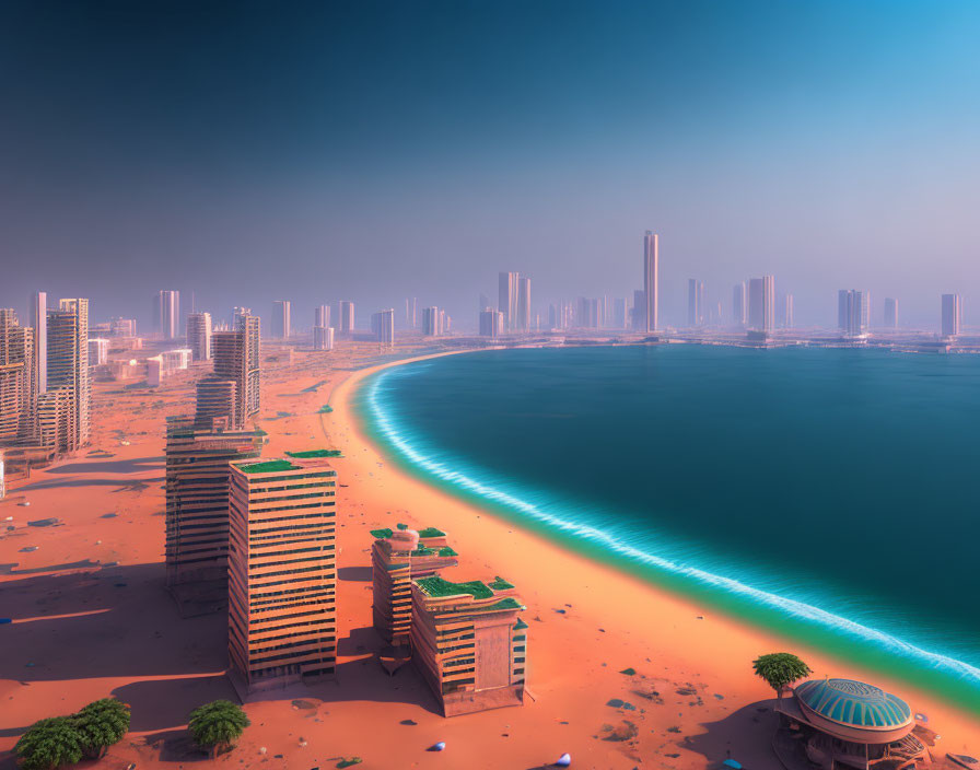Skyline of coastal city with skyscrapers, beachfront apartments, and clear blue sea under h
