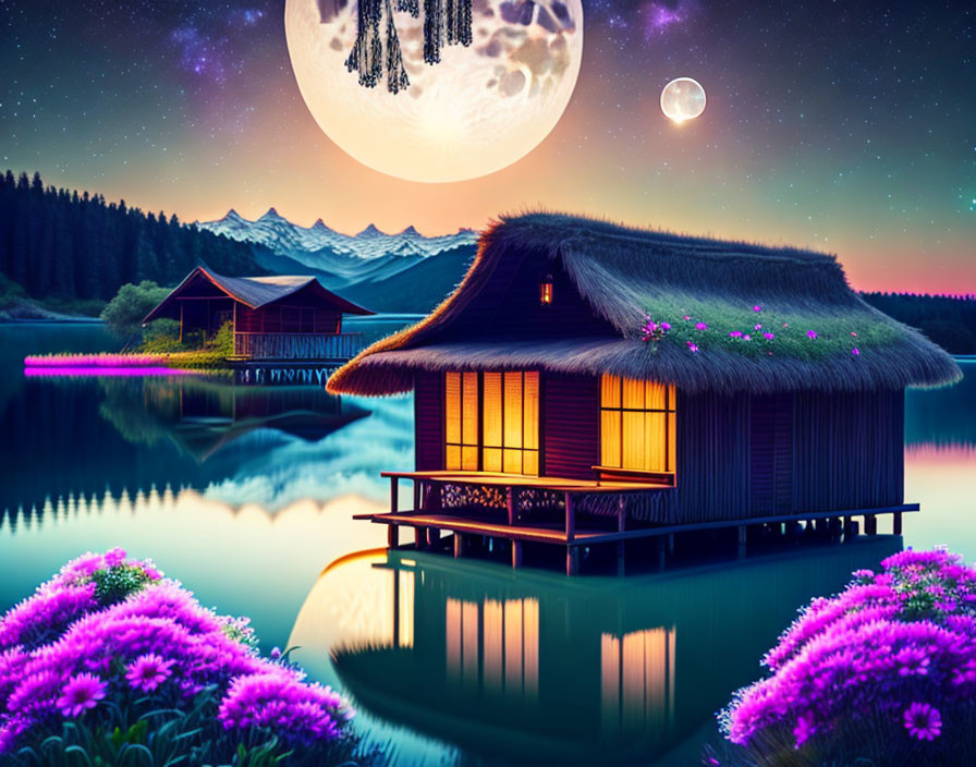 Nighttime lakeside landscape with traditional house, moon, flowers, and mountains.