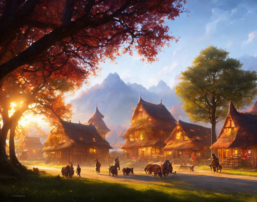 Rural village sunset with thatched-roof cottages, horses, blooming tree, and distant