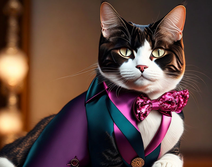 Regal Cat in Purple Suit with Magenta Bow Tie