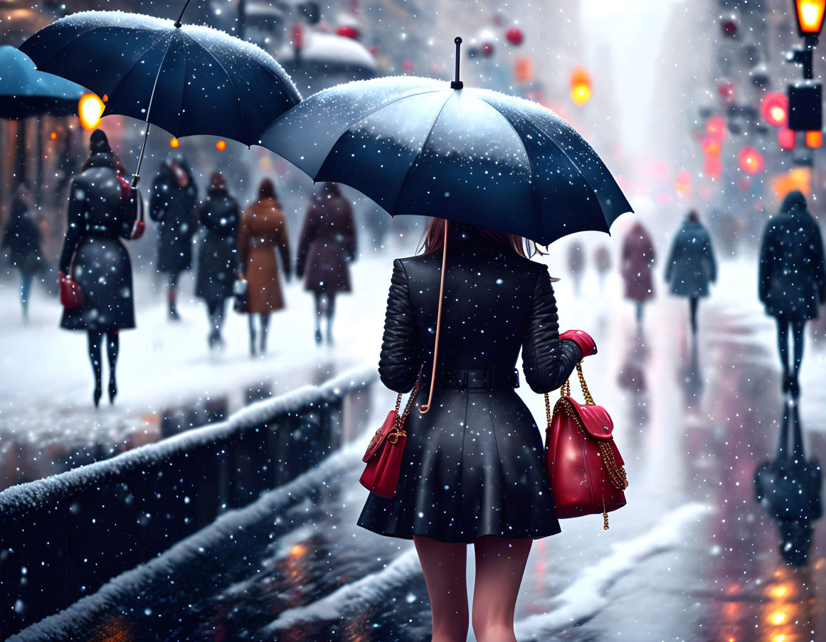 Person with umbrella on snowy street with blurred figures & city lights