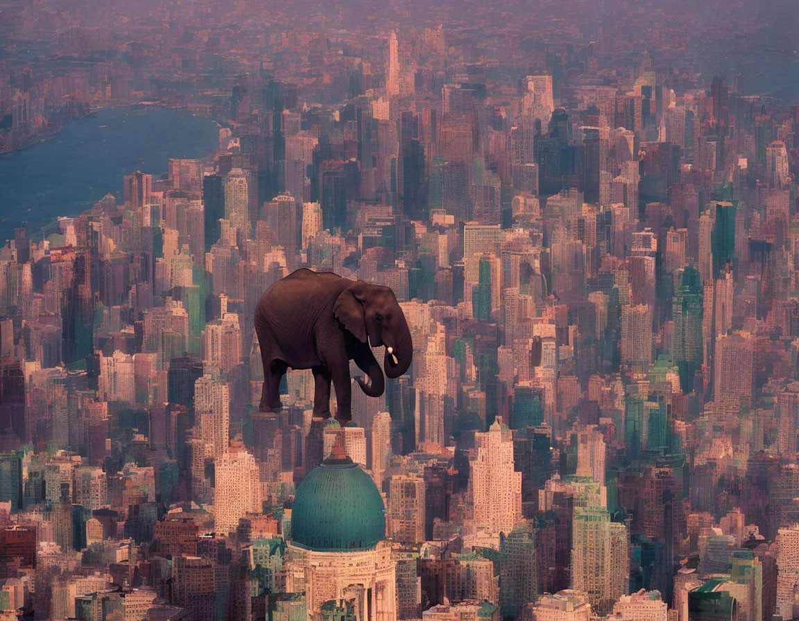 Elephant superimposed on cityscape, surreal image of animal towering over buildings