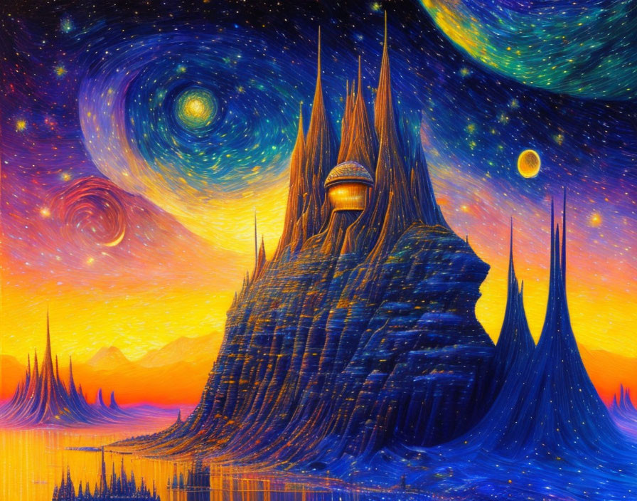 Vibrant surreal landscape with swirling galaxies and spire-like structures
