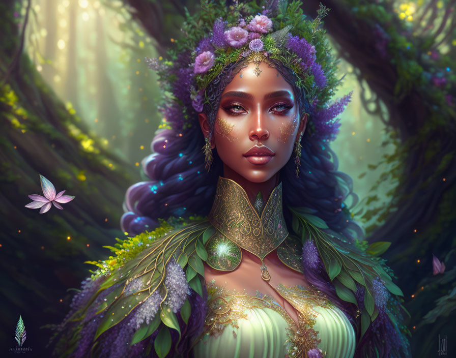 Ethereal forest queen with green and purple attire and floral crown