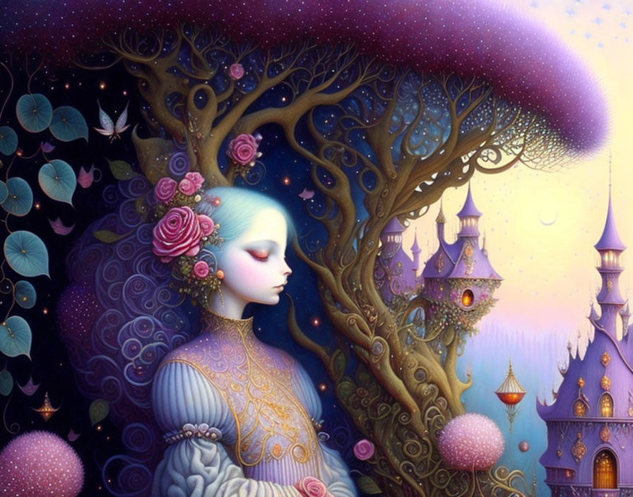 Fantastical Artwork: Serene Blue-Skinned Woman with Flowers and Mystical Tree