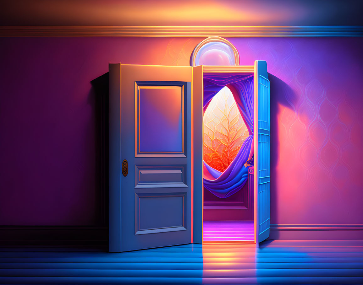 Illustration: Open door to magical realm with glowing trees in dimly lit room