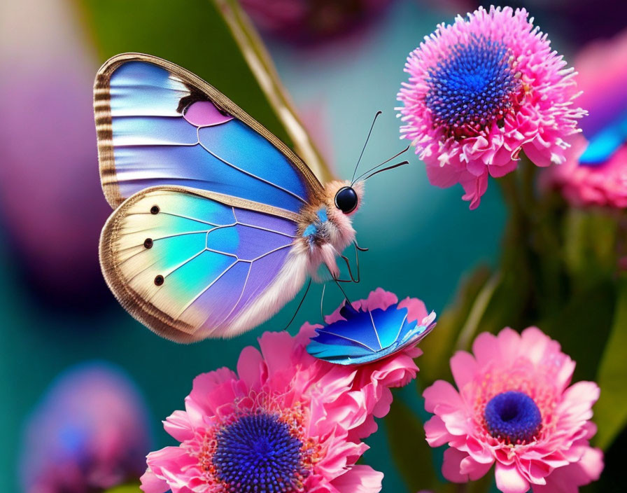 Colorful Butterfly on Pink Flowers with Teal Background