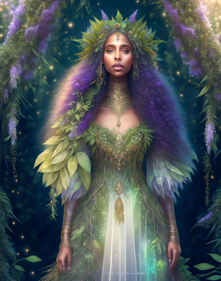 Mystical woman in forest attire with glowing elements