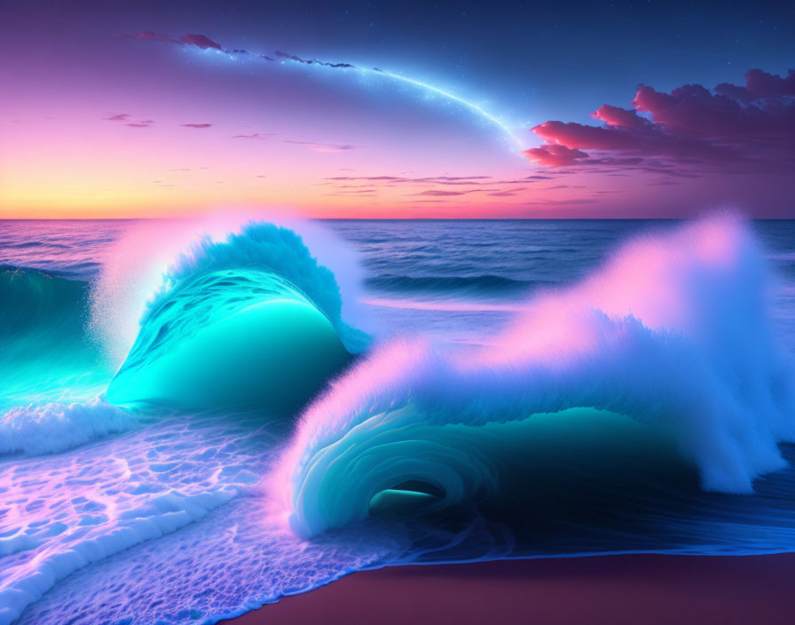 Neon waves in digital ocean scene under twilight sky