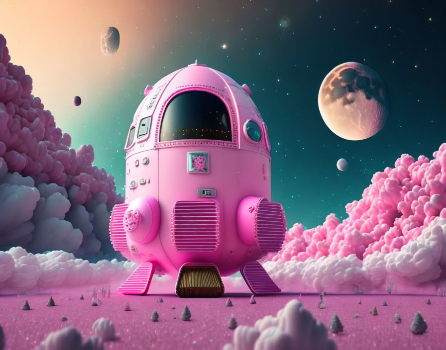 Pink space capsule lands on vibrant alien landscape with fluffy clouds and two moons