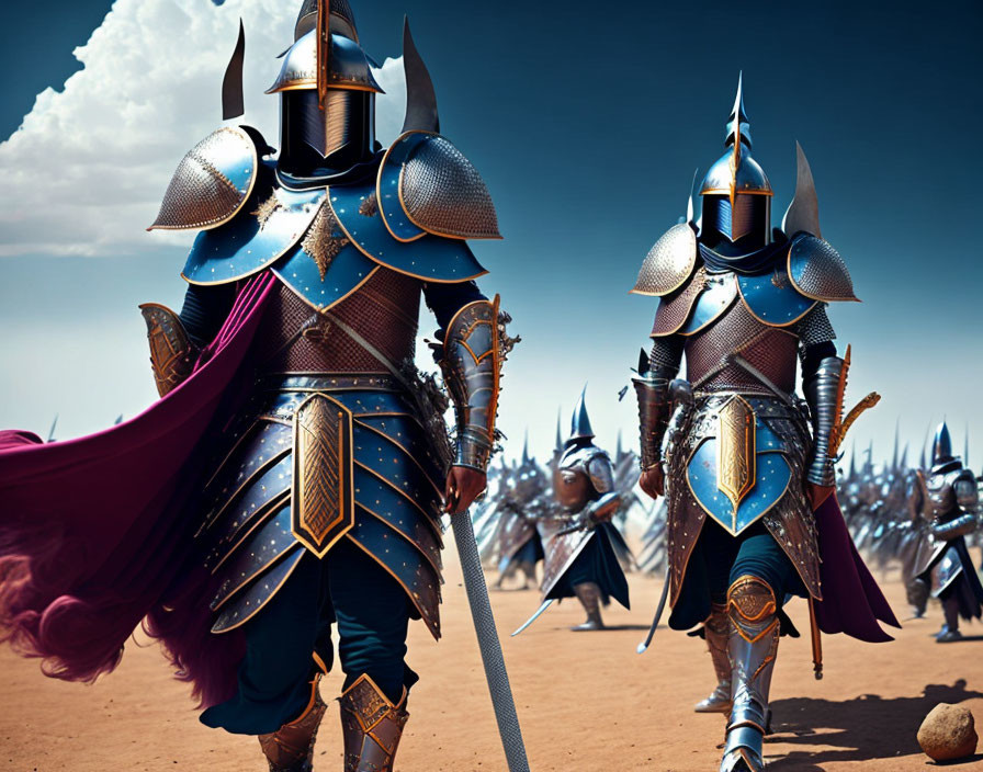 Ornate armored knights in desert landscape with clear sky and distant army