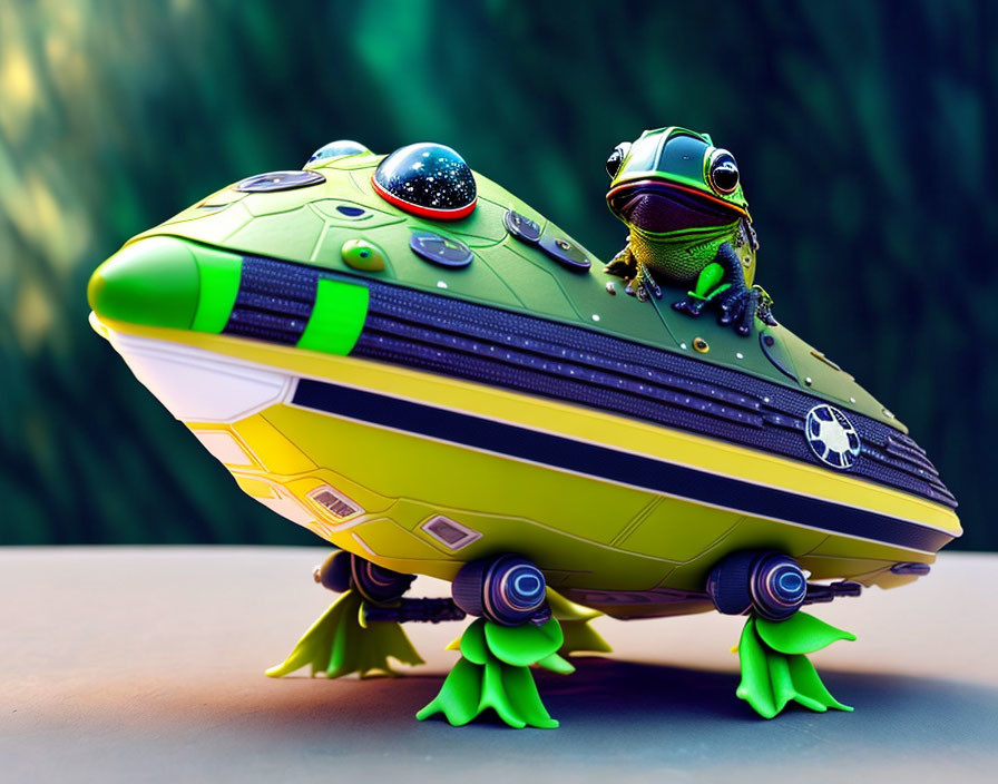 Green and Yellow Frog on Toy Spaceship with Blue Engines