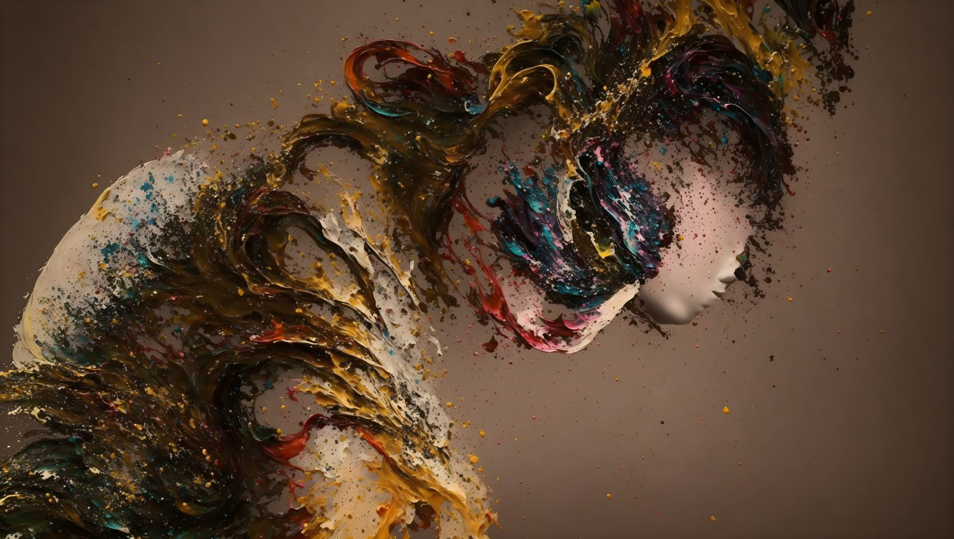Profile shot merged with colorful paint splashes on neutral background