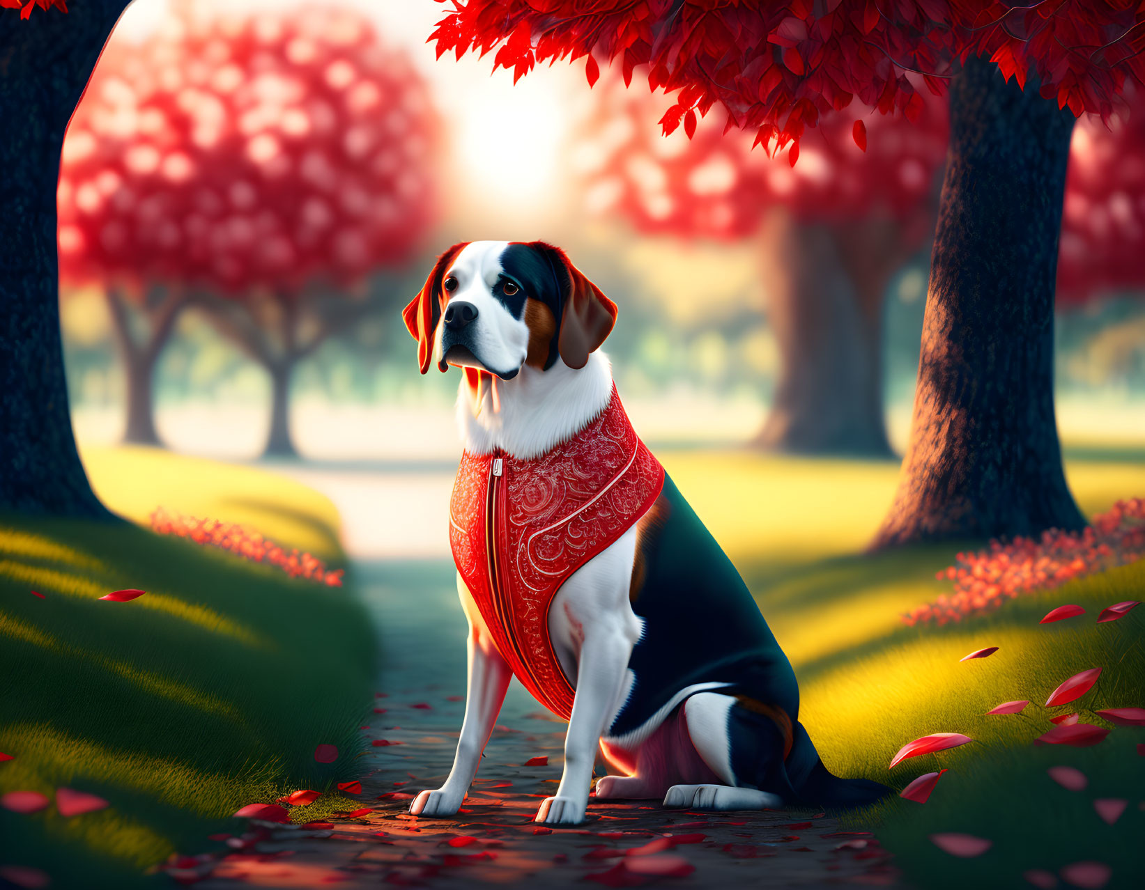Red bandana dog sitting in scenic park with red-leafed trees