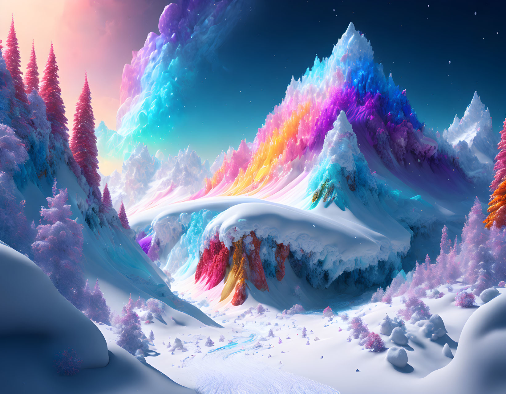 Colorful Snow-Covered Mountains in Fantasy Landscape