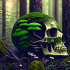 Skull in misty forest with moss and plants, merging life and death in nature