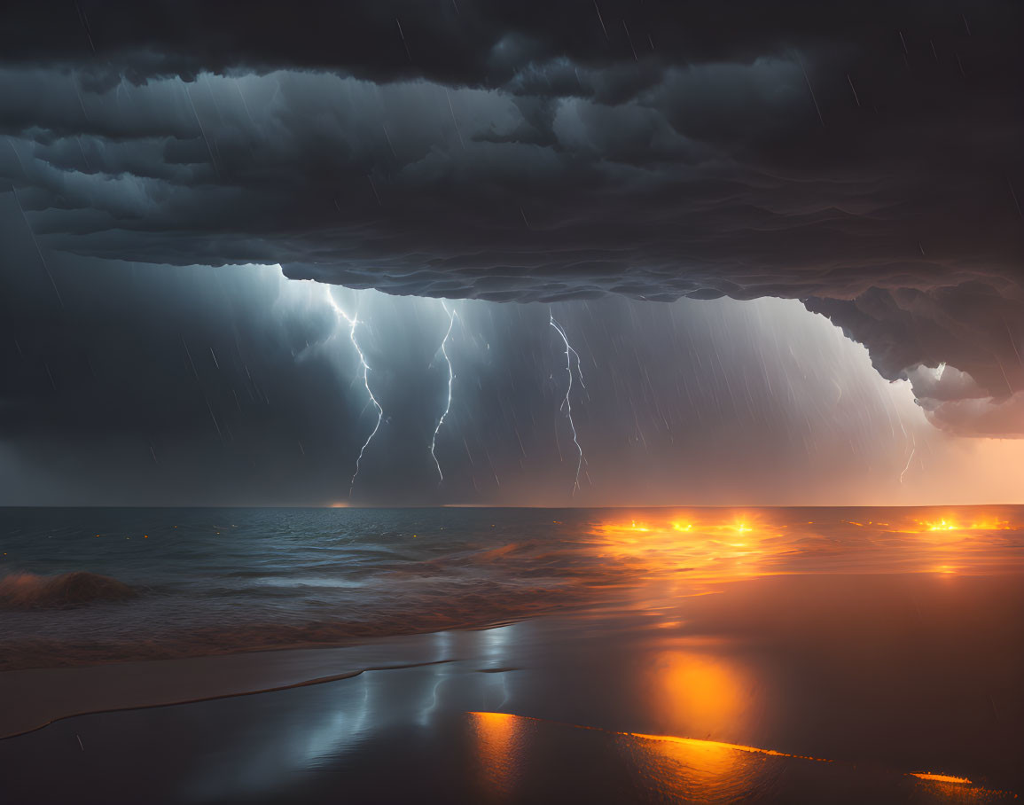 Stormy Twilight Seascape with Lightning Bolts and Glowing Horizon