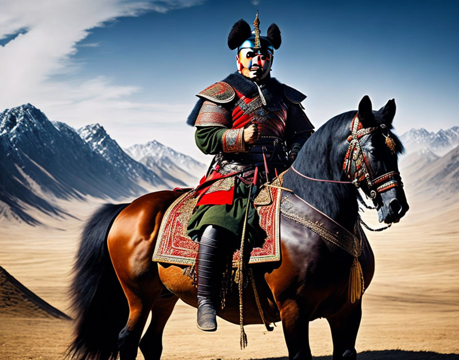 Traditional Warrior in Elaborate Attire on Horseback with Mountain Background