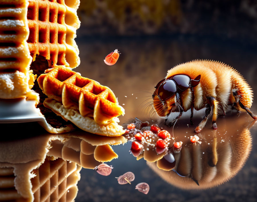 Detailed Close-Up of Bee with Furry Texture and Waffles in Syrup Reflection