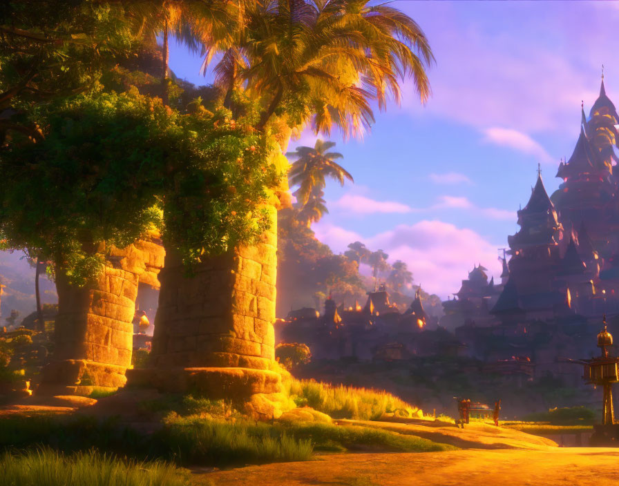 Serene fantasy landscape: lush greenery, ancient ruins, palm trees, exotic architecture at sunrise